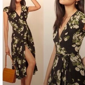 Reformation Black wrap Dress with White Floral Design